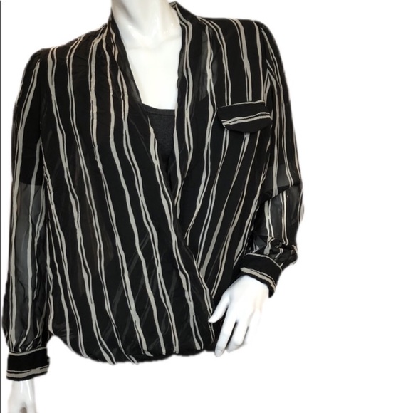 Pleione Blouse Sheer Black White Striped Surplice - Picture 5 of 8